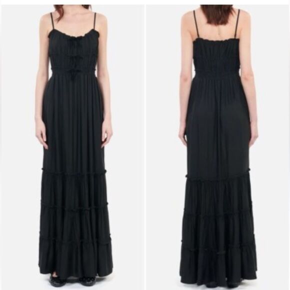 $325 The Kooples Shirred Long Maxi Black Dress with Bows Tiered Skirt NWT - Picture 5 of 15